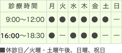 午前: 9:00?12:00　午後: 14:00?18:30　休診日: 火曜・土曜午後、日曜、祝日